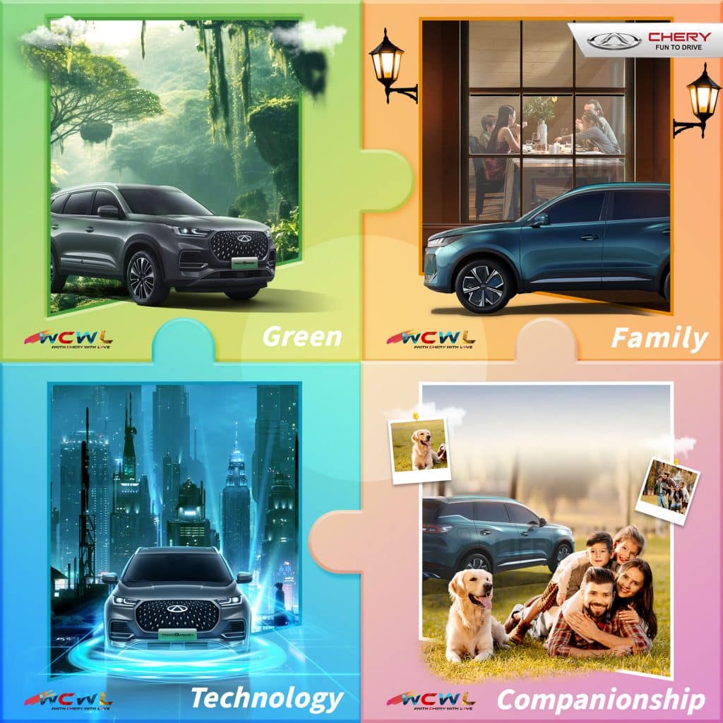 Chery Tiggo 8 Pro Max Promotional collage. Showcasing Eco Friendliness, Family-oriented, Technology and Companionship